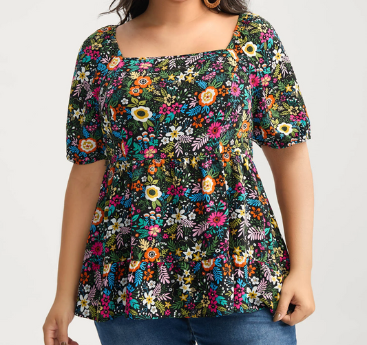 Colorful Floral Black Top Bloomchic #86