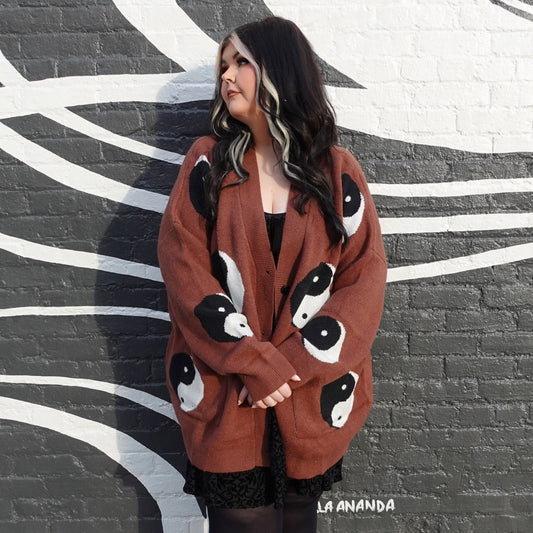 Brown Yin Yang VERY Oversized Cardigan (S/M-1X/2X)