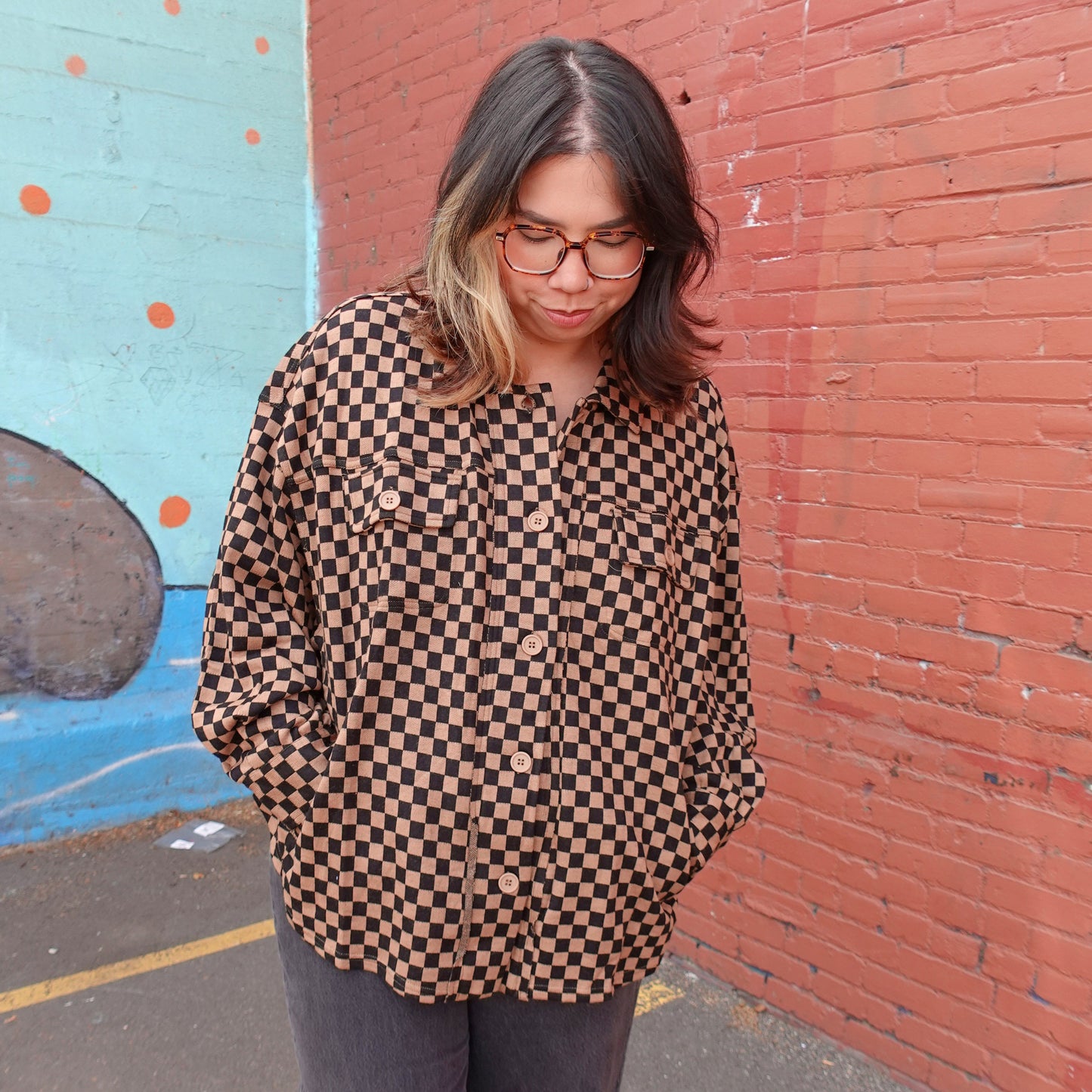 BROWN CHECKERED BUTTON UP SHACKET