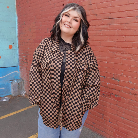 BROWN CHECKERED BUTTON UP SHACKET