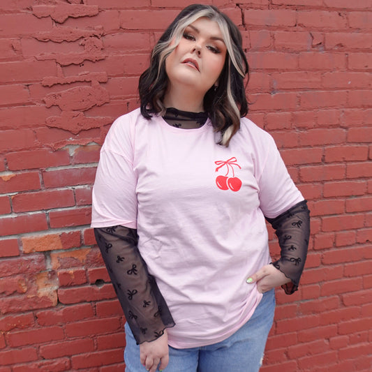 PINK POCKET CHERRY BOW COQUETTE T SHIRT