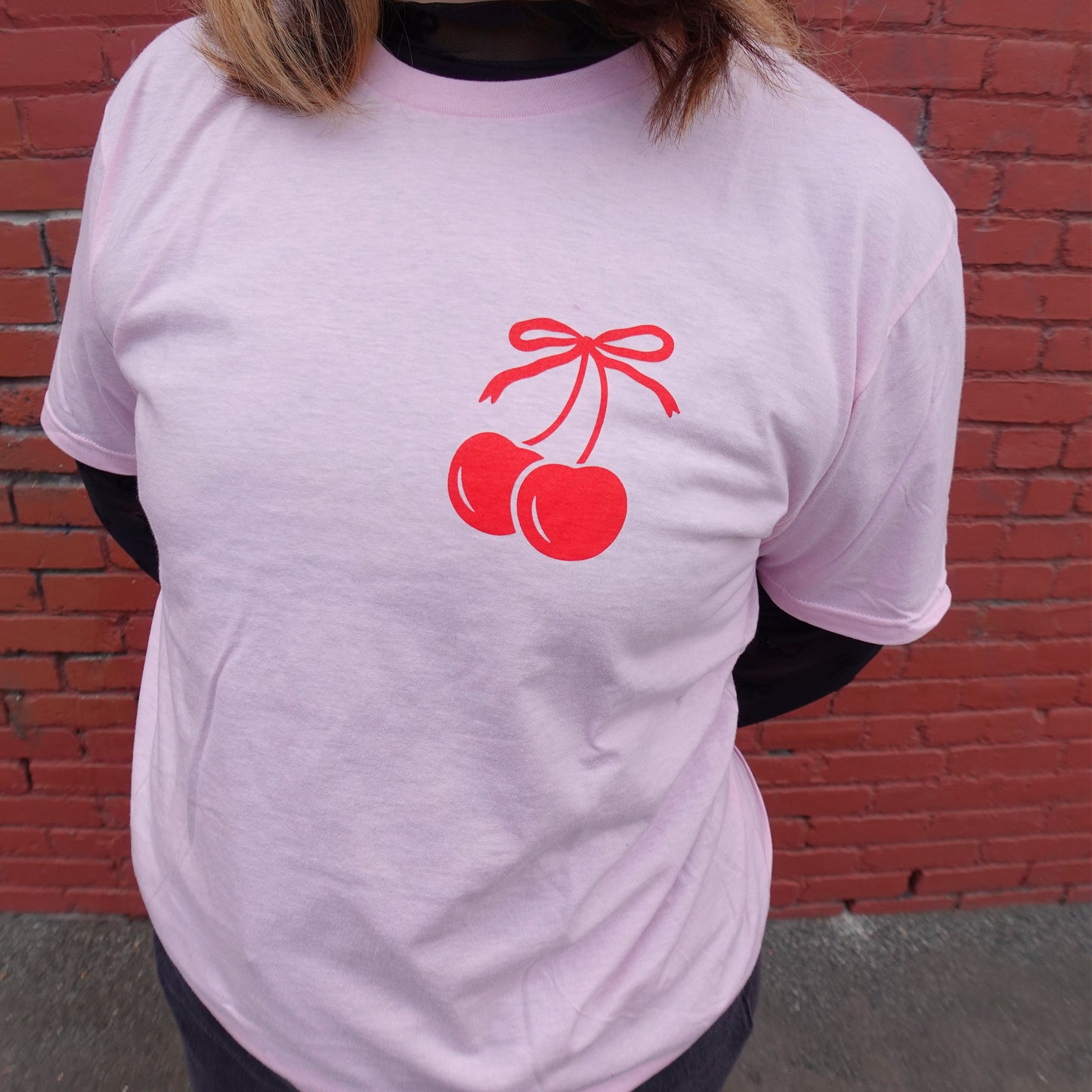 PINK POCKET CHERRY BOW COQUETTE T SHIRT
