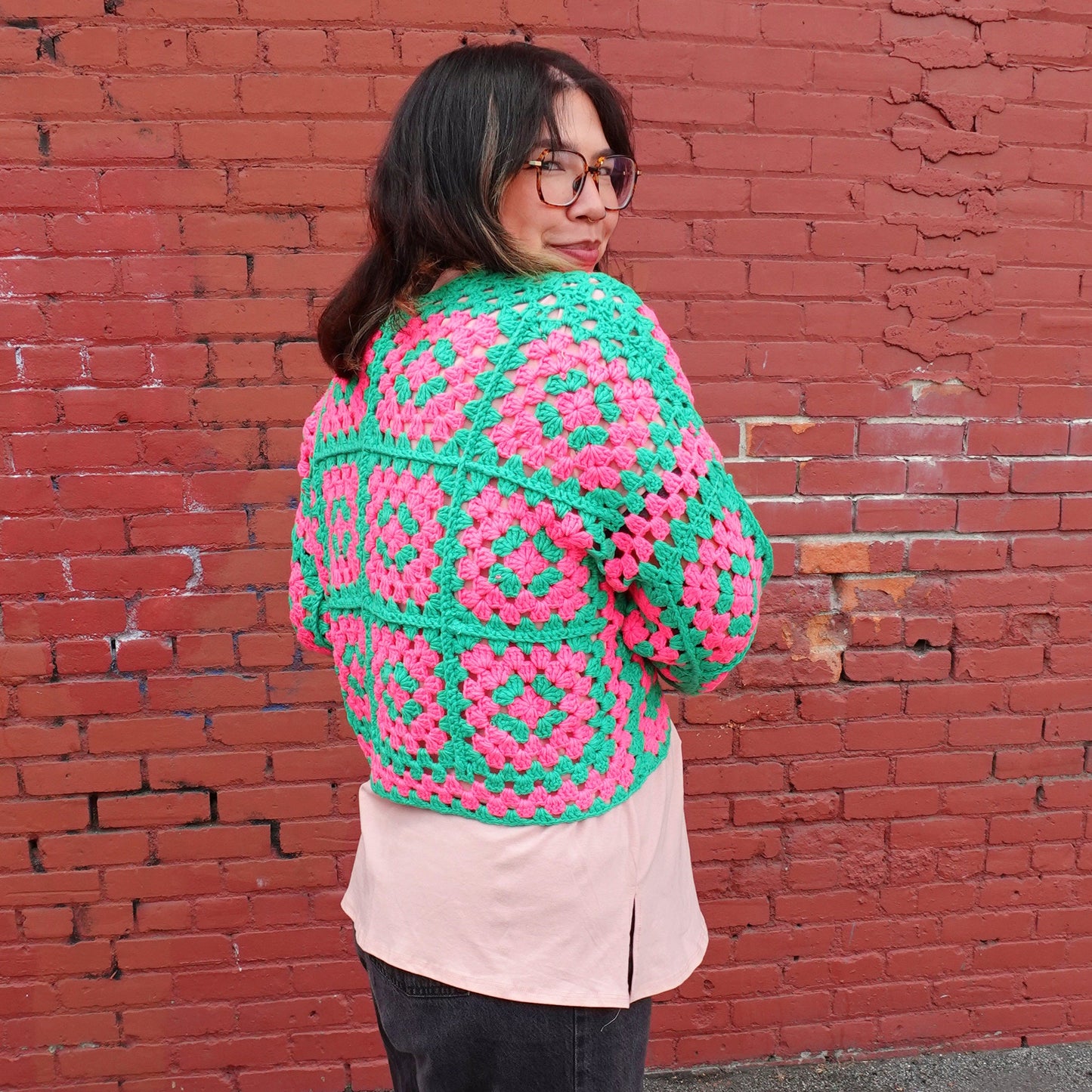 PINK & GREEN CROCHET CARDIGAN