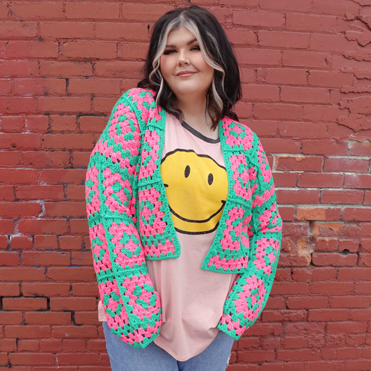 PINK & GREEN CROCHET CARDIGAN