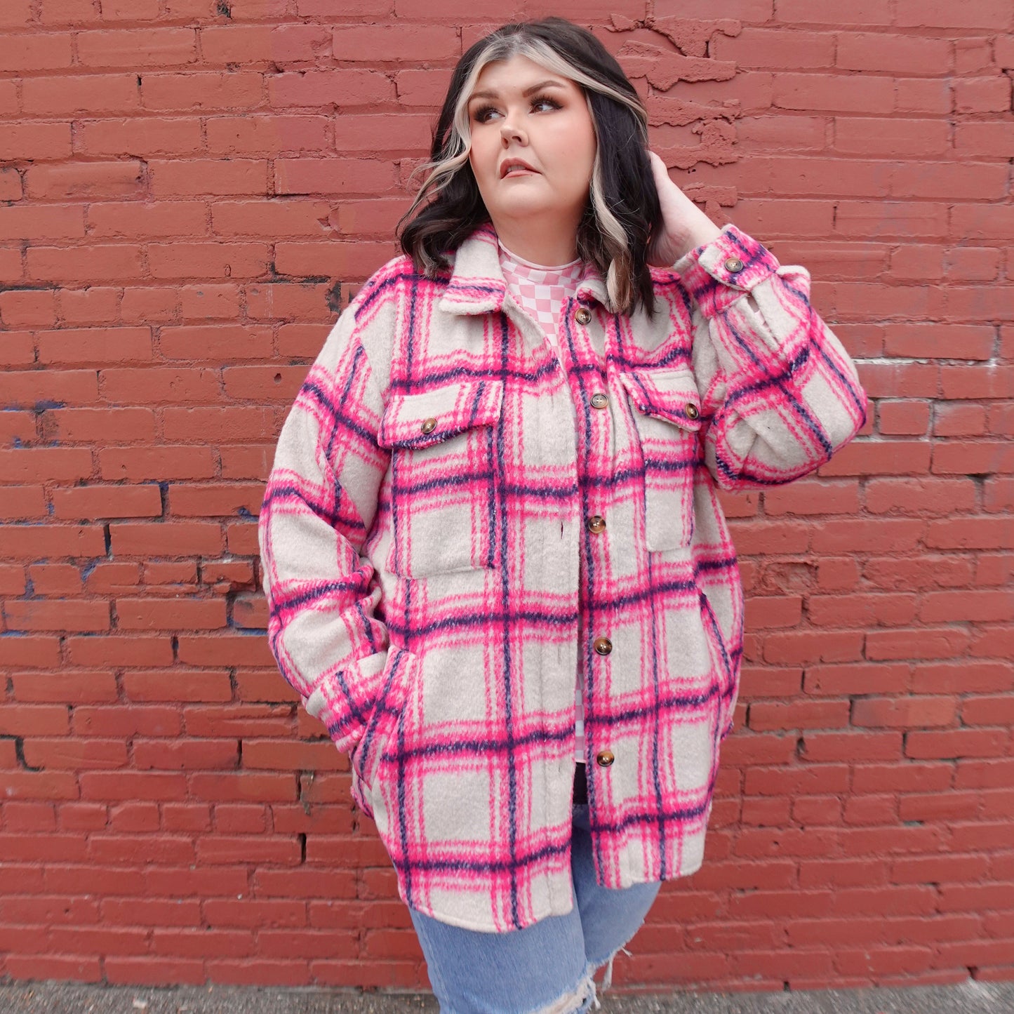 LOOSE FIT HOT PINK PLAID SHACKET