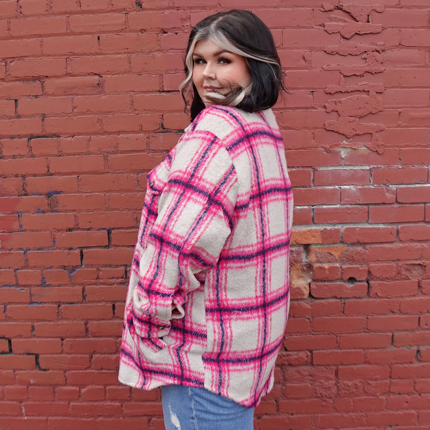 LOOSE FIT HOT PINK PLAID SHACKET