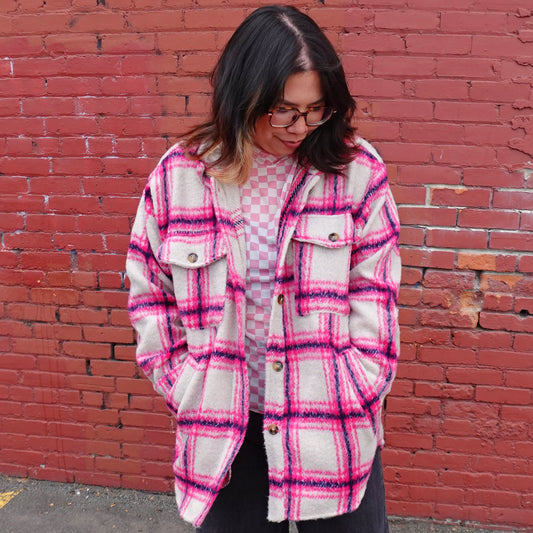 LOOSE FIT HOT PINK PLAID SHACKET