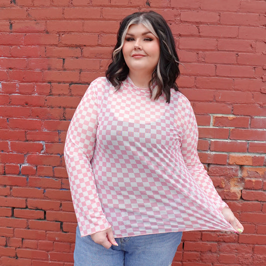PINK CHECKERED PRINT MESH TOP