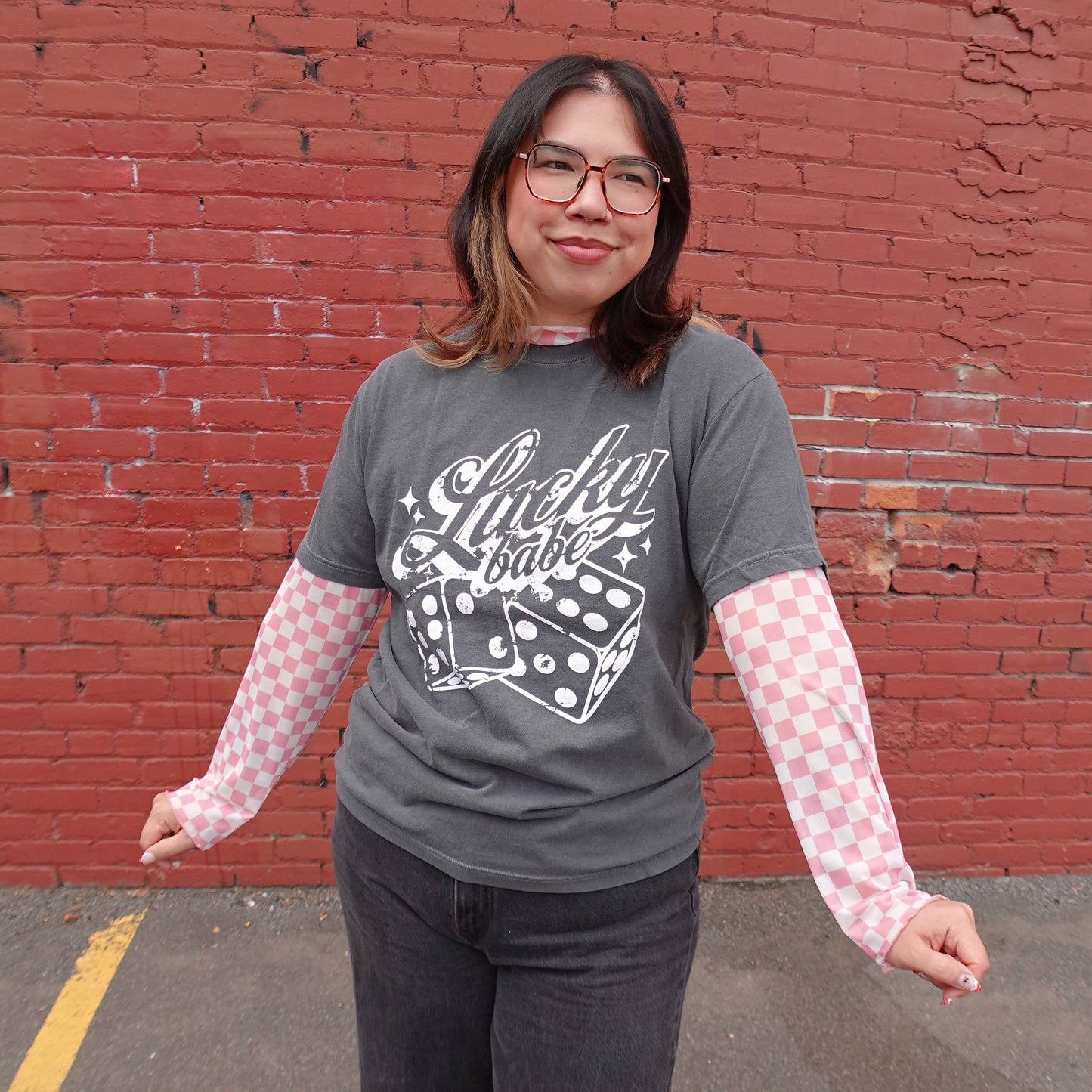 PINK CHECKERED PRINT MESH TOP