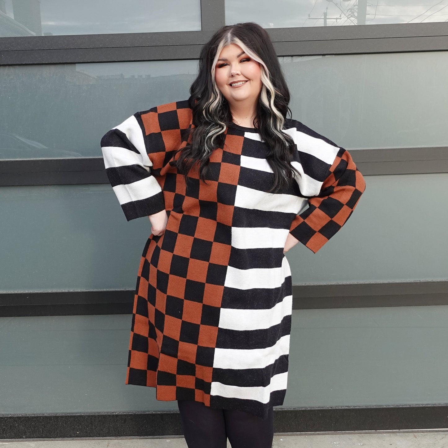 Oversized Checkered & Stripe Midi Sweater Dress (1X/2X)