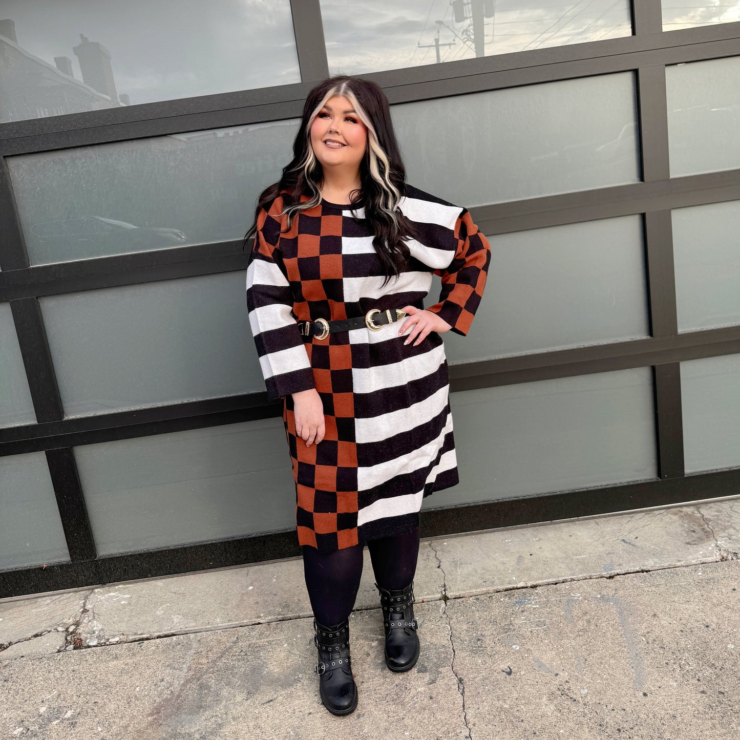 Oversized Checkered & Stripe Midi Sweater Dress (1X/2X)