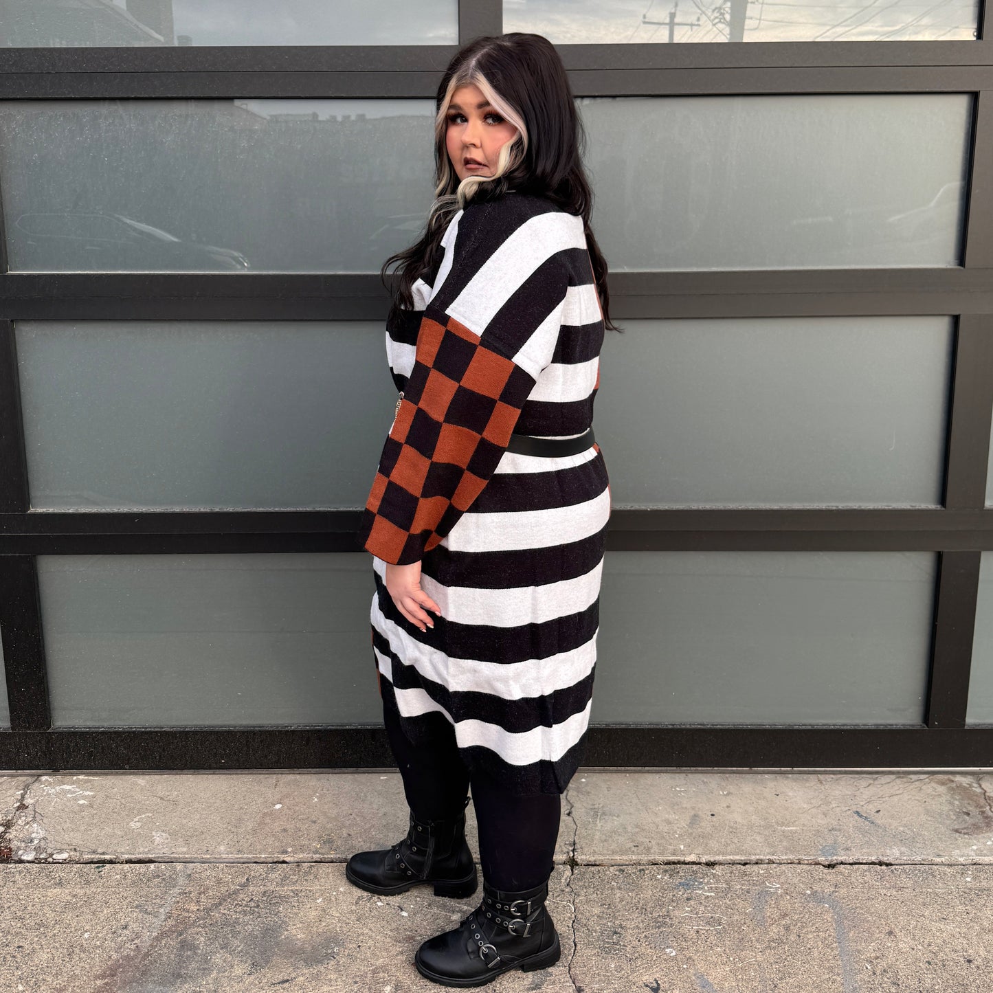 Oversized Checkered & Stripe Midi Sweater Dress (1X/2X)