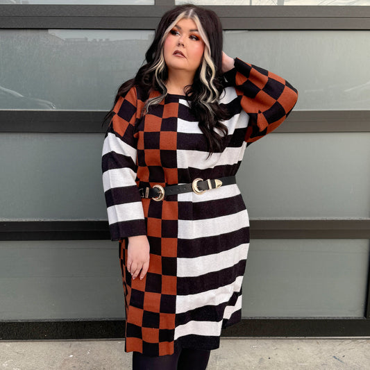 Oversized Checkered & Stripe Midi Sweater Dress (1X/2X)