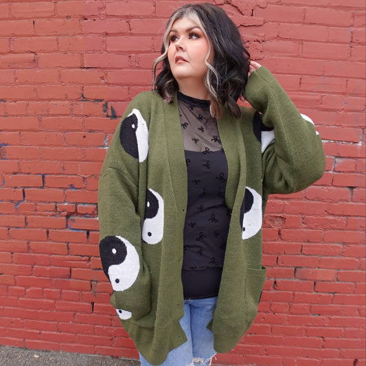 Oversized Olive Green Yin Yang Cardigan