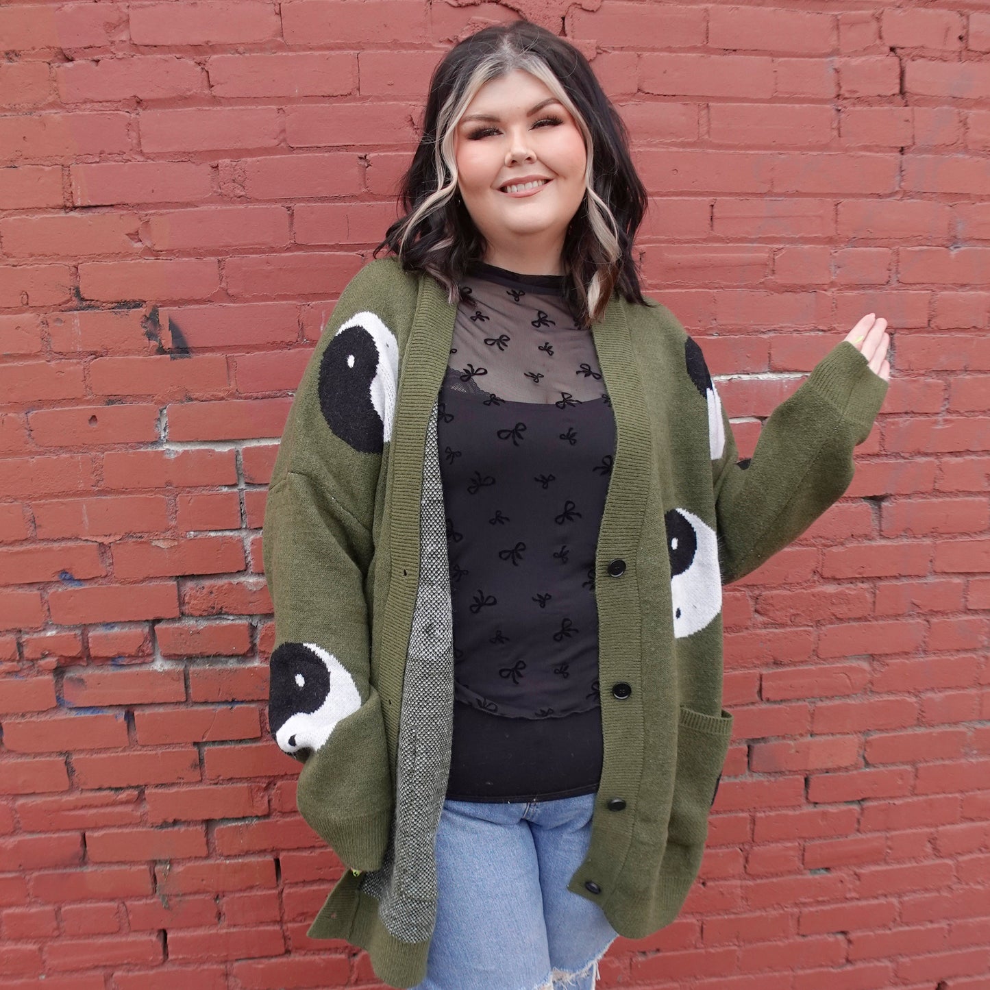 Oversized Olive Green Yin Yang Cardigan