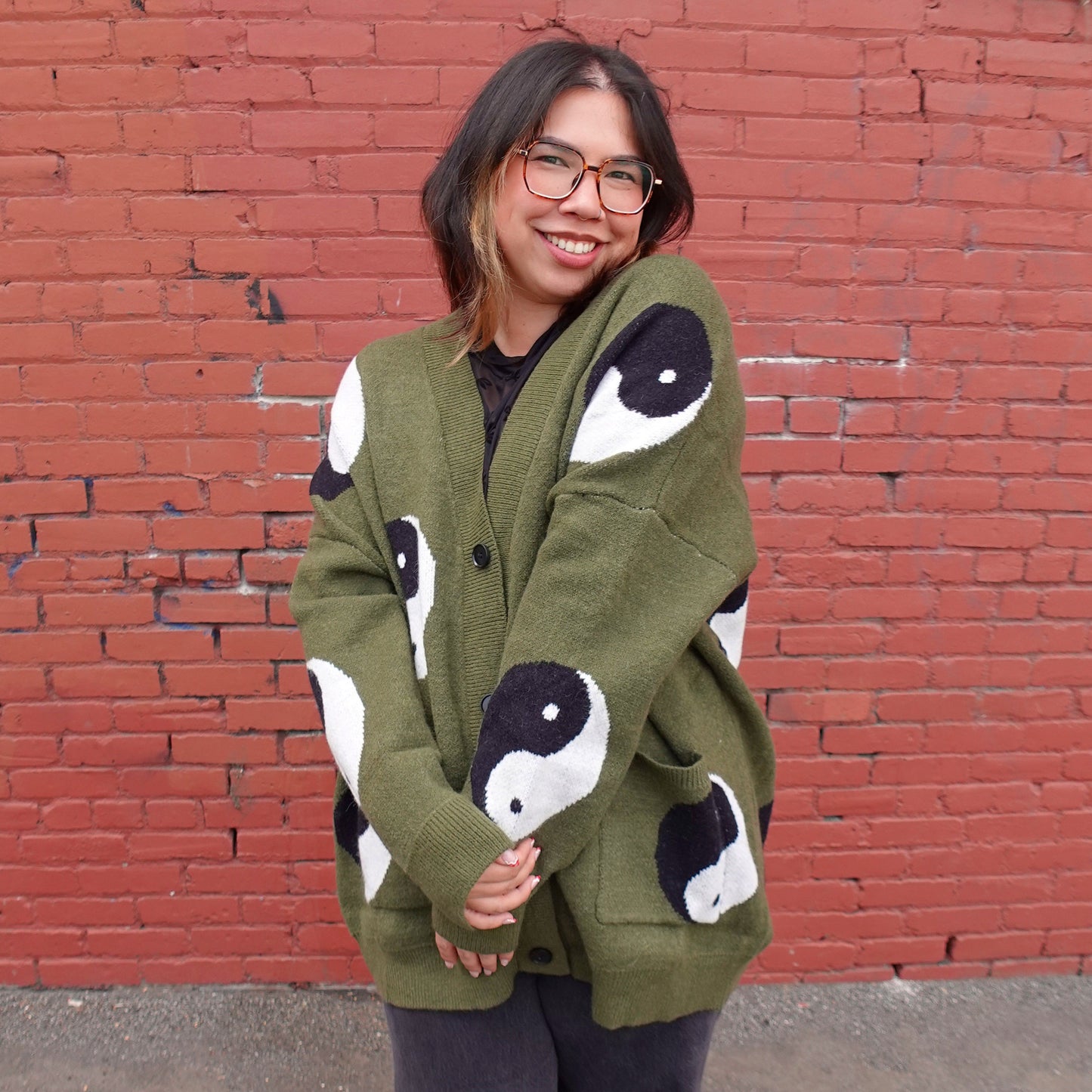 Oversized Olive Green Yin Yang Cardigan